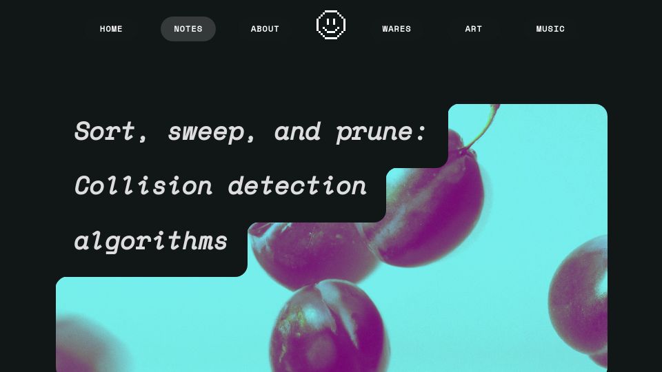 Screenshot of leanrada.com: Sort, sweep, and prune: Collision detection algorithms (2023)