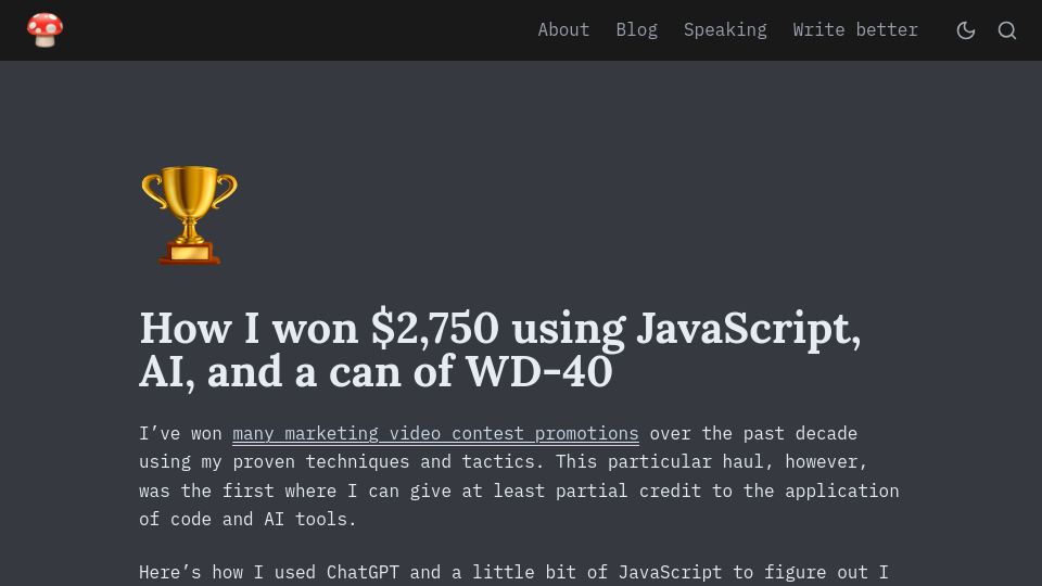 Screenshot of davekiss.com: How I won $2,750 using JavaScript, AI, and a can of WD-40