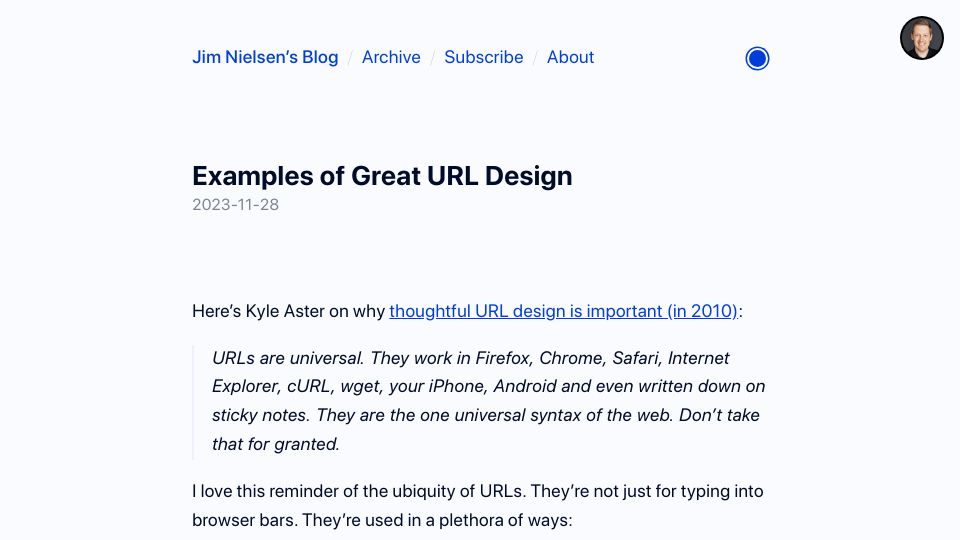 Screenshot of blog.jim-nielsen.com: Examples of Great URL Design (2023)