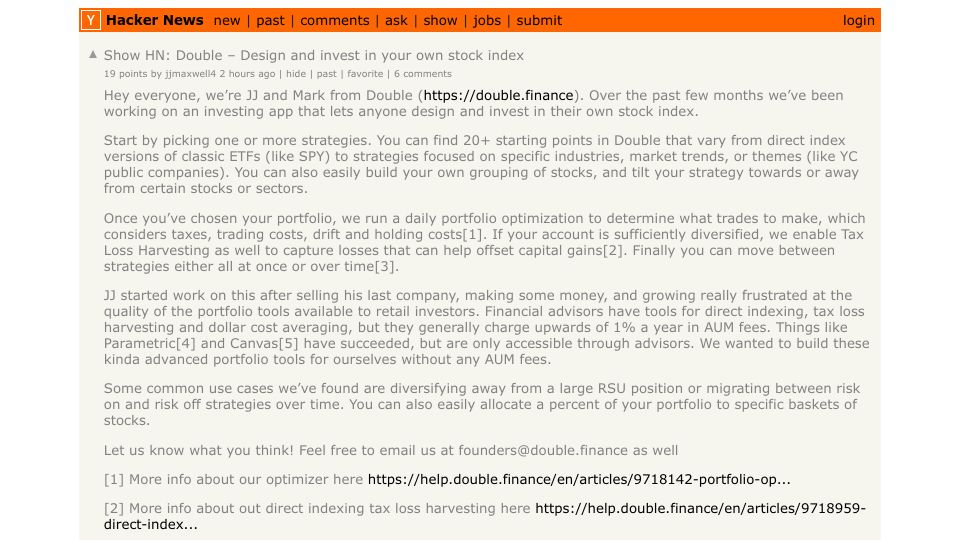 Screenshot of Hacker News post: Show HN: Double – Design and invest in your own stock index