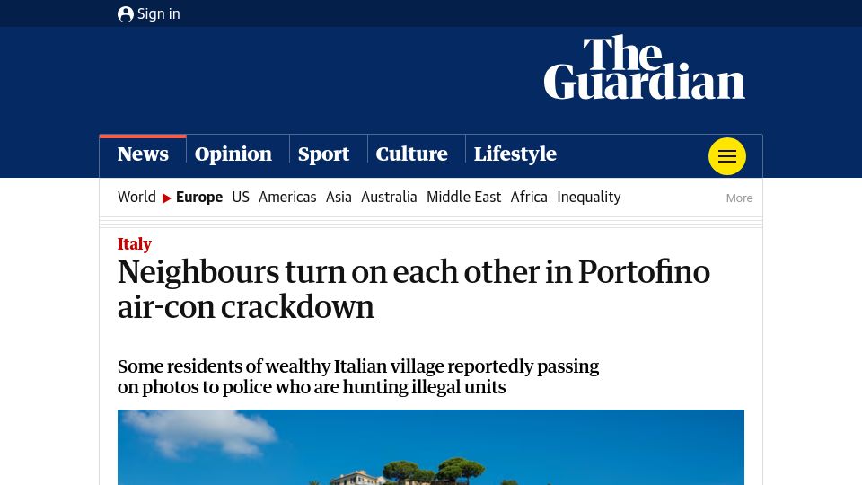 Screenshot of theguardian.com: Neighbours turn on each other in Portofino air-con crackdown