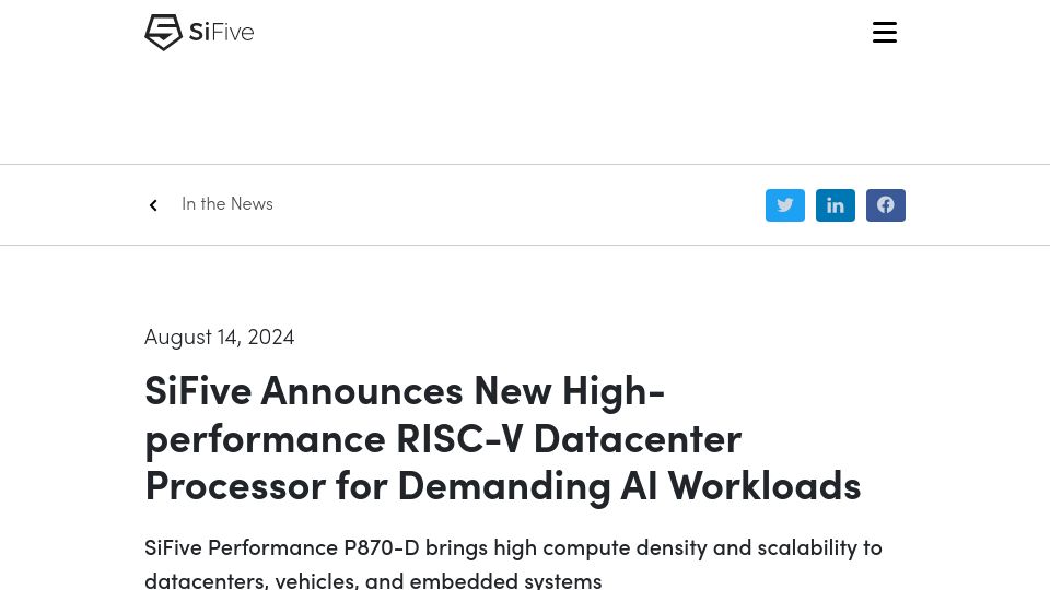 Screenshot of sifive.com: SiFive announces high performance RISC-V cores for Datacentres