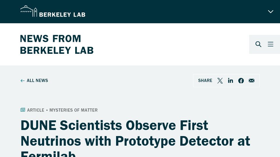 Screenshot of newscenter.lbl.gov: DUNE scientists observe first neutrinos with prototype detector at Fermilab