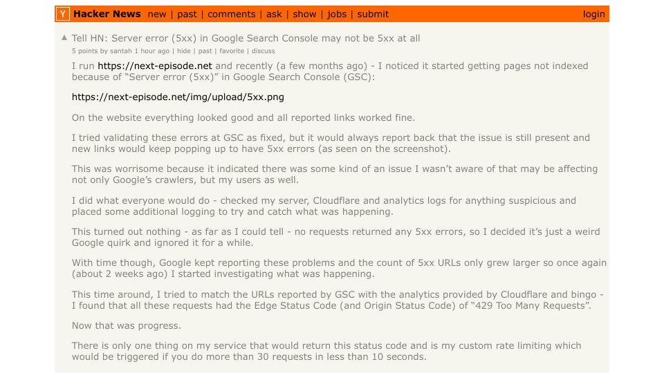 Screenshot of Hacker News post: Tell HN: Server error (5xx) in Google Search Console may not be 5xx at all