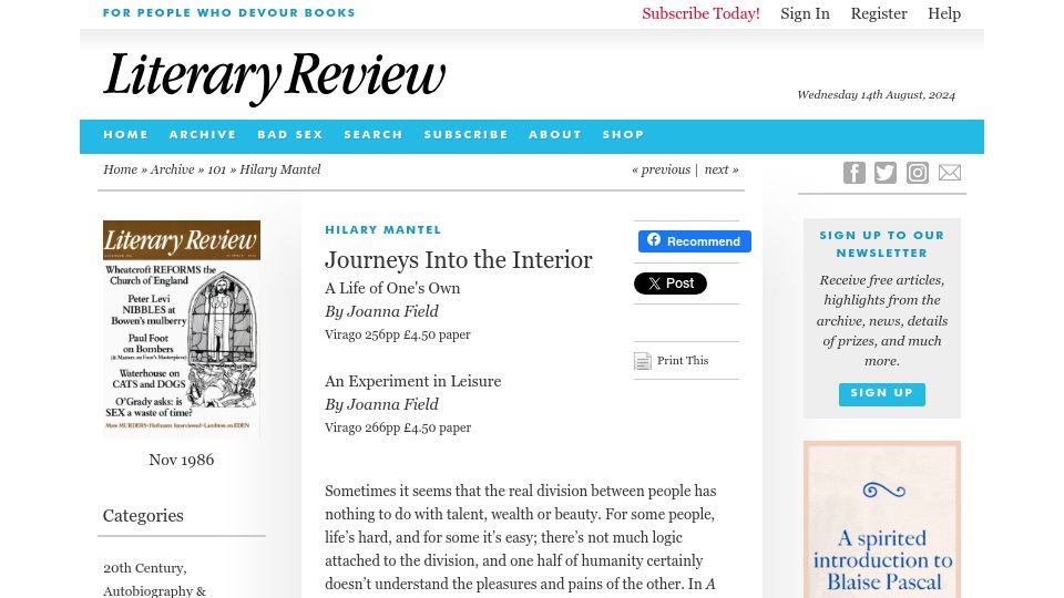Screenshot of literaryreview.co.uk: Hilary Mantel Reviews “A Life of One's Own/An Experiment in Leisure” (1986)