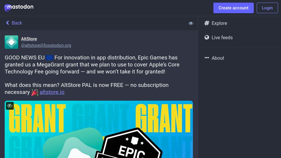 Screenshot of fosstodon.org: AltStore PAL receives Epic Games MegaGrant, will no longer require subscription