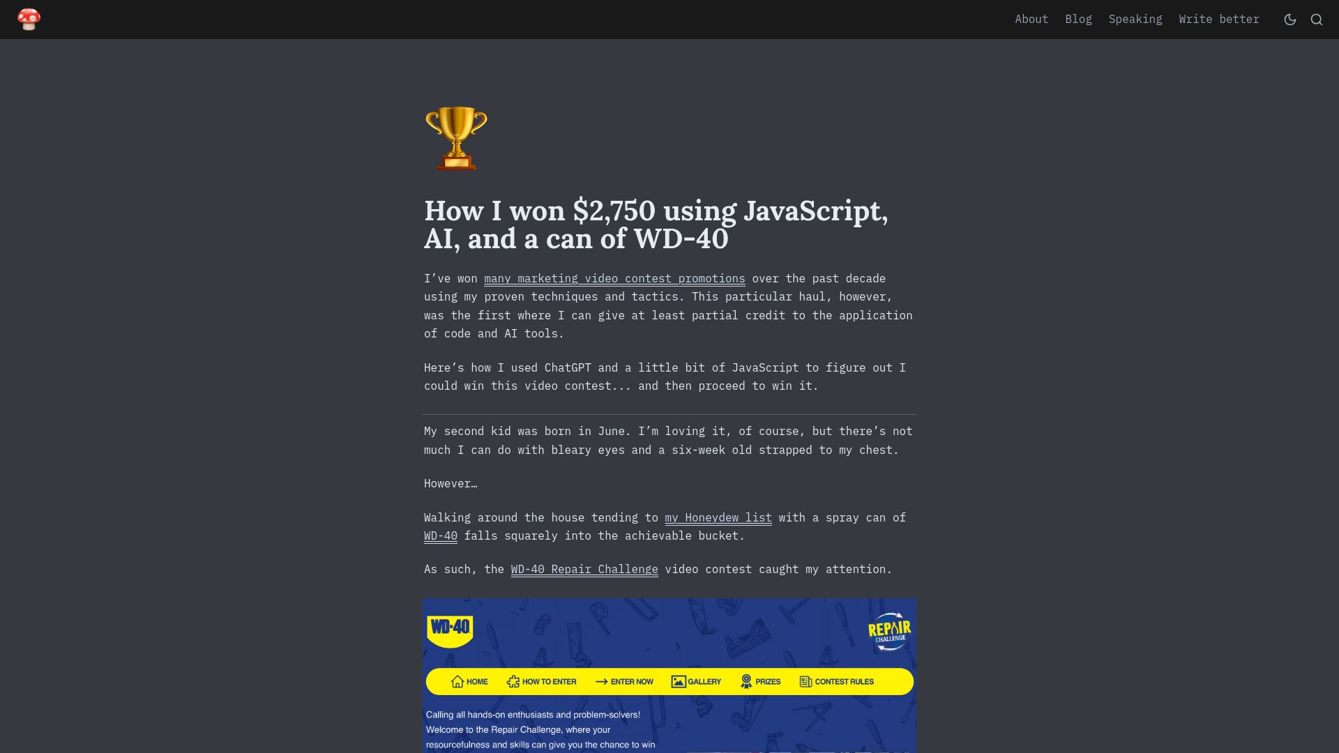 Screenshot of davekiss.com: How I won $2,750 using JavaScript, AI, and a can of WD-40