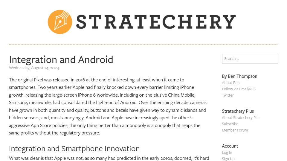 Screenshot of stratechery.com: Integration and Android