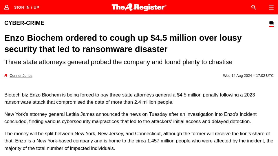Screenshot of theregister.com: Enzo Biochem must pay $4.5M for lousy security that led to ransomware disaster