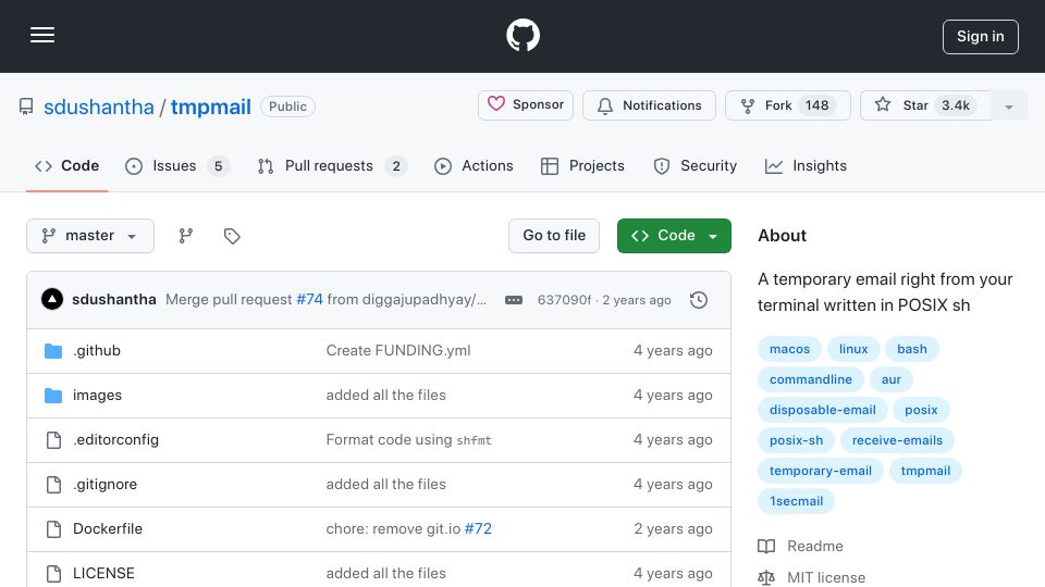 Screenshot of github.com: Tmpmail: Temporary email right from your terminal written in POSIX sh