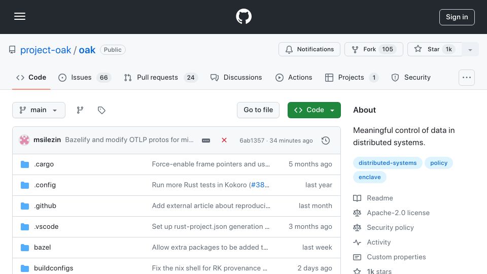 Screenshot of github.com: Project Oak: Meaningful control of data in distributed systems