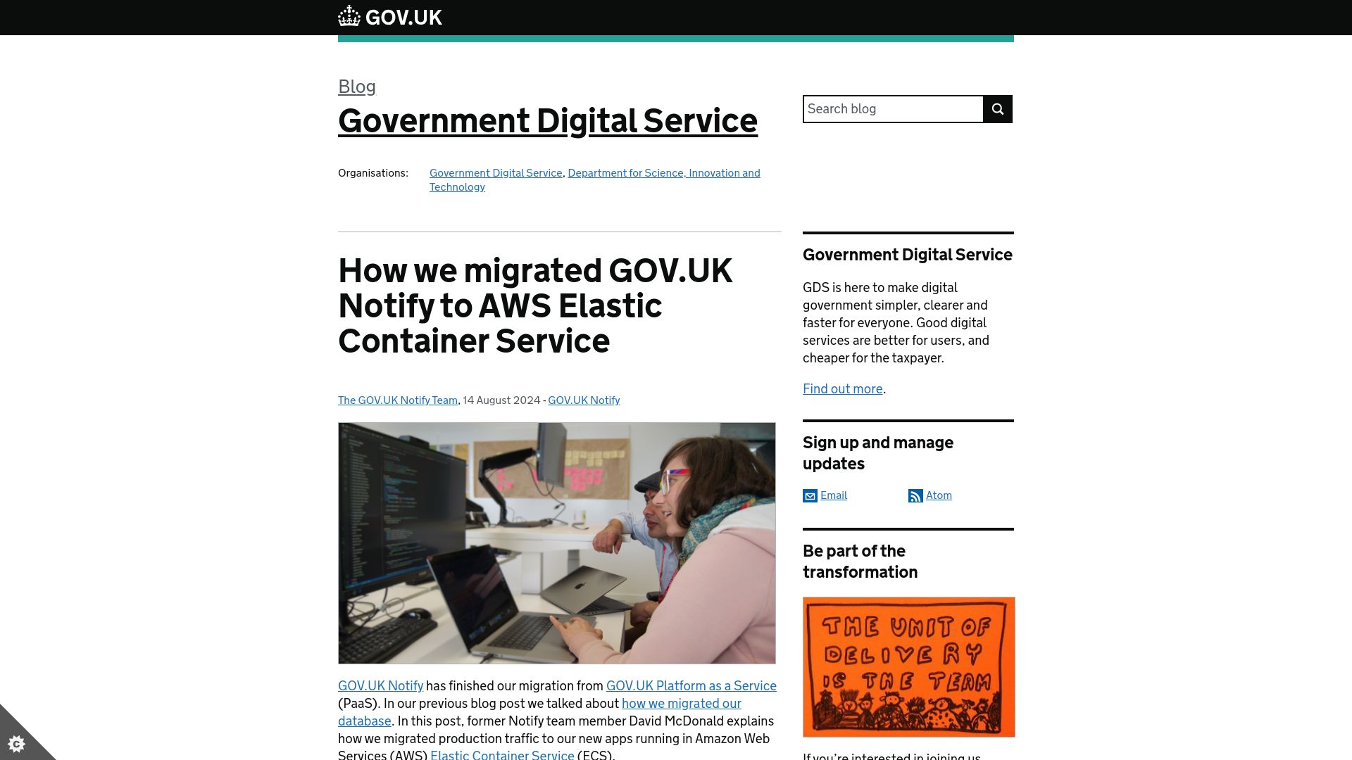 Screenshot of gds.blog.gov.uk: How we migrated GOV.UK Notify to AWS Elastic Container Service
