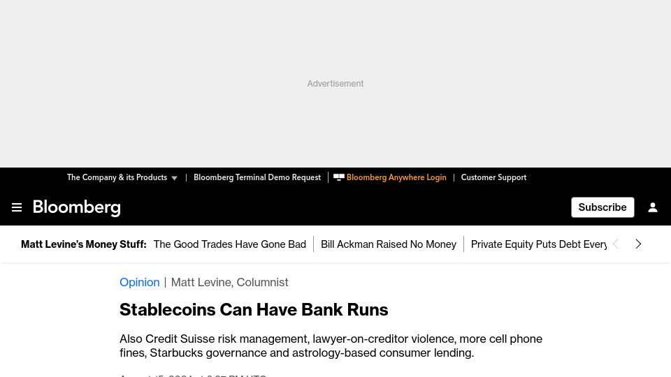 Screenshot of bloomberg.com: Stablecoins Can Have Bank Runs