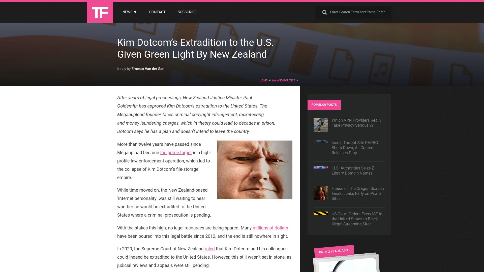Screenshot of torrentfreak.com: Kim Dotcom's extradition to the U.S. given green light by New Zealand