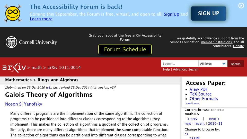 Screenshot of arxiv.org: Galois Theory of Algorithms (2018) [pdf]