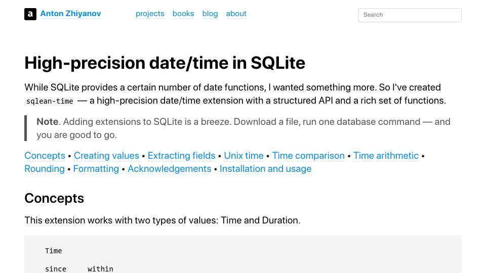Screenshot of antonz.org: Show HN: High-precision date/time in SQLite