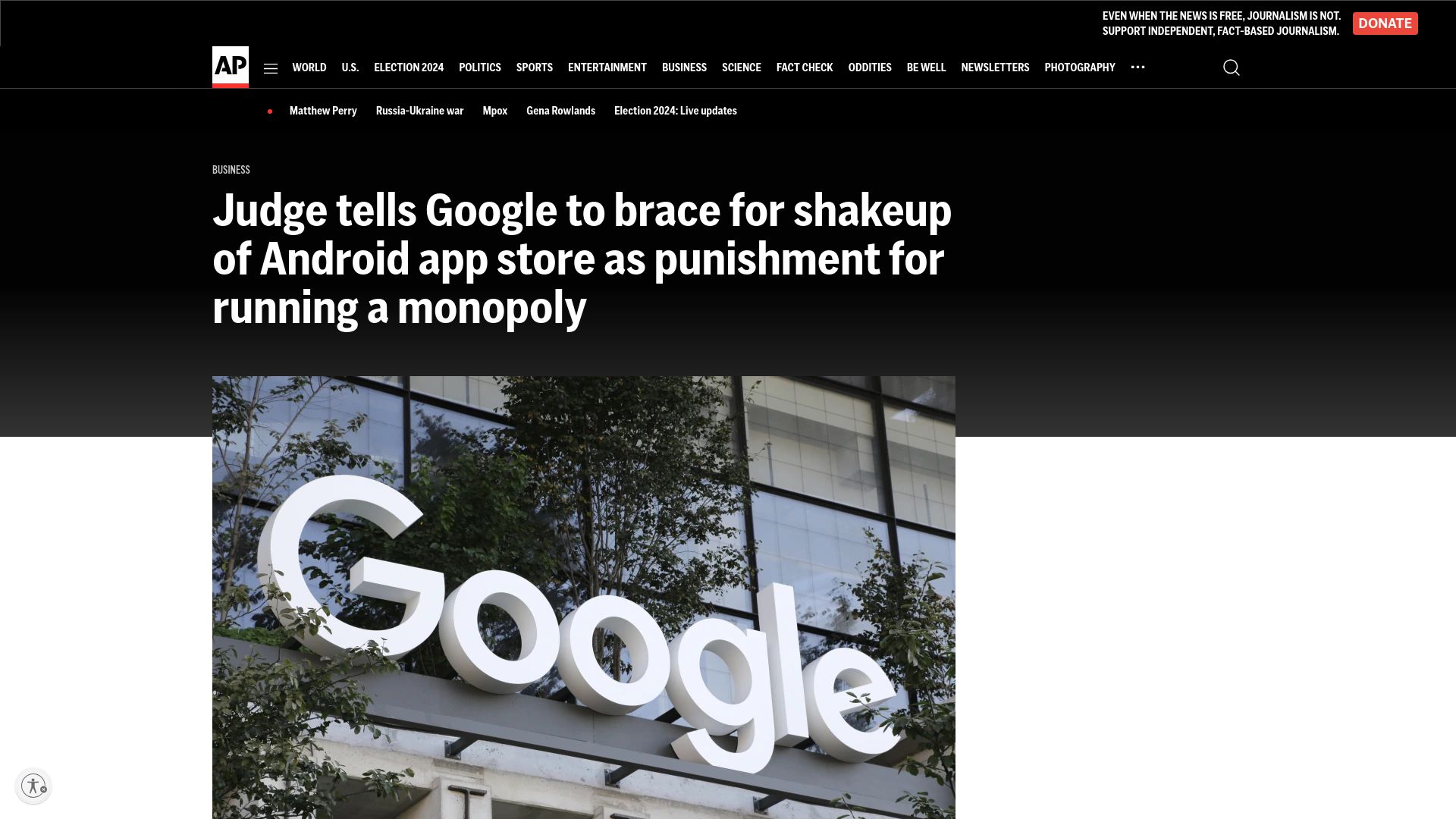 Screenshot of apnews.com: Judge tells Google: Play Store shakeup coming; punishment for running a monopoly