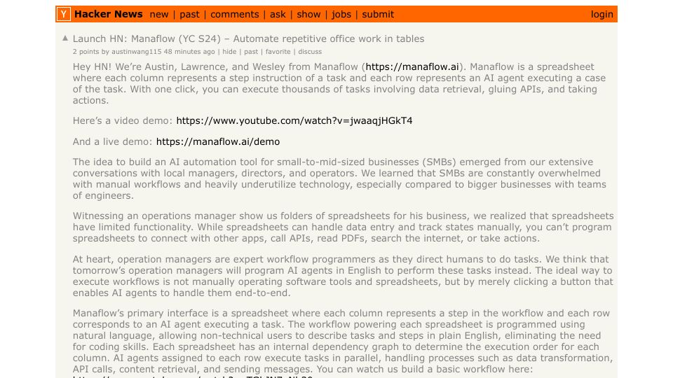 Screenshot of Hacker News post: Launch HN: Manaflow (YC S24) – Automate repetitive office work in tables