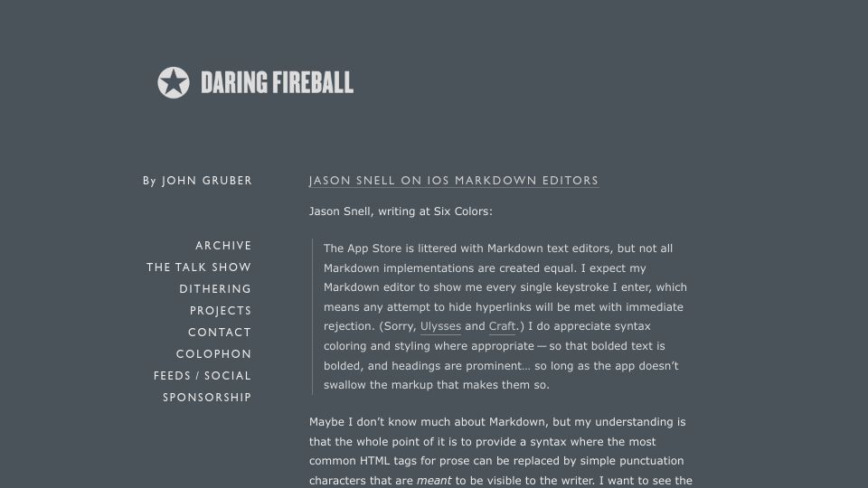Screenshot of daringfireball.net: Markdown is meant to be shown (2021)