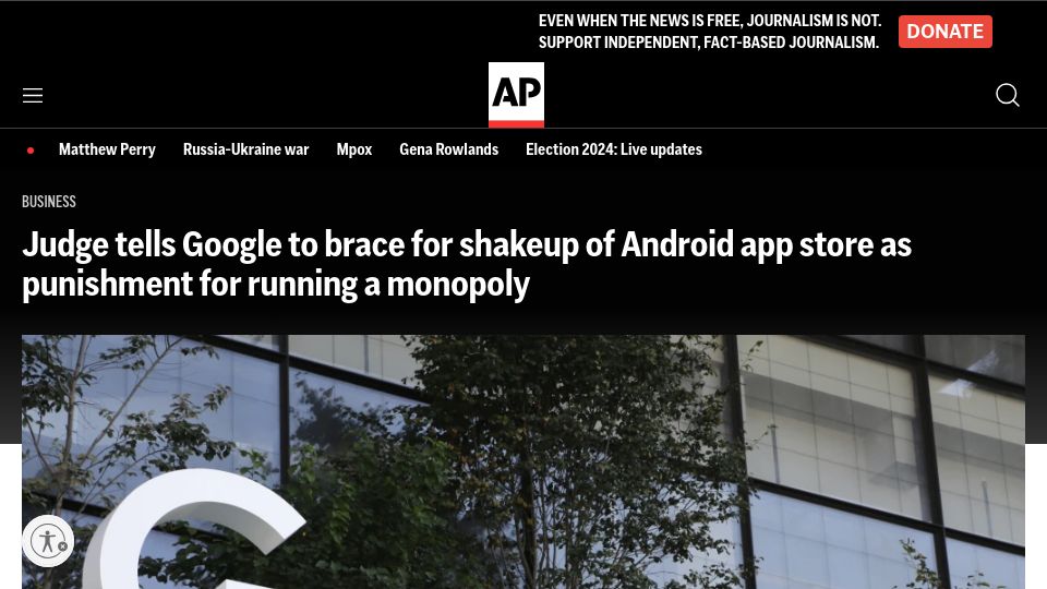 Screenshot of apnews.com: Judge tells Google: Play Store shakeup coming; punishment for running a monopoly