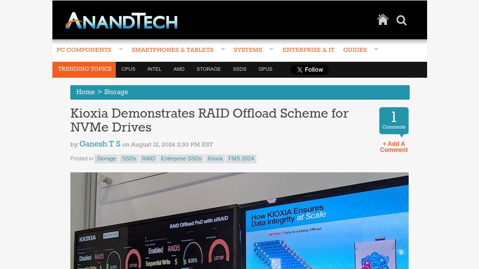 Screenshot of anandtech.com: Kioxia Demonstrates Raid Offload Scheme for NVMe Drives