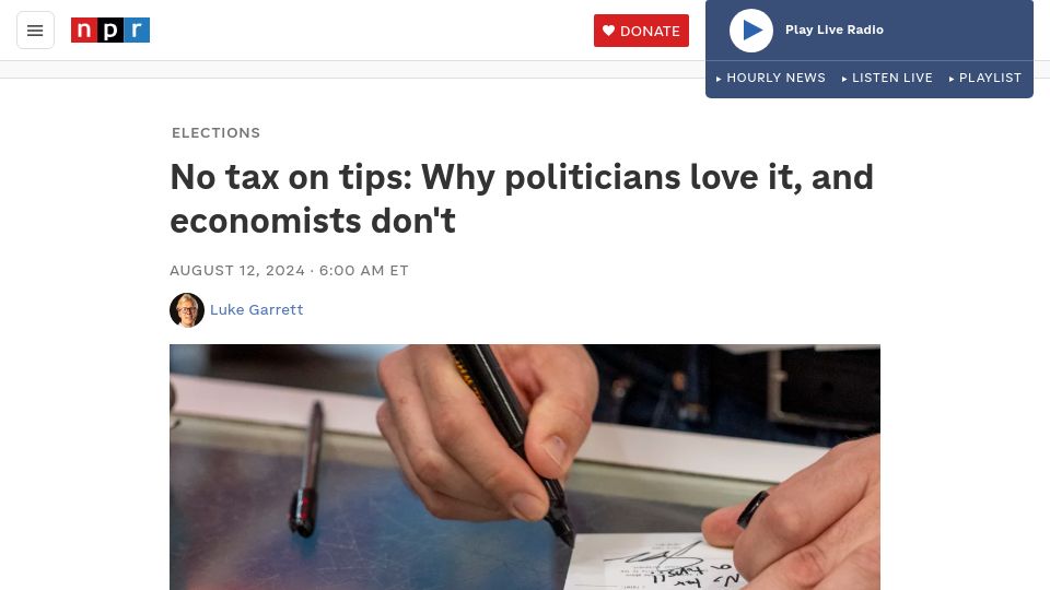 Screenshot of npr.org: No tax on tips: Why politicians love it, and economists don't