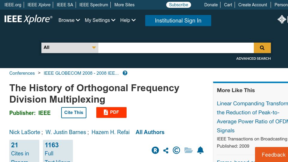 Screenshot of ieeexplore.ieee.org: The history of orthogonal frequency-division multiplexing (2009)