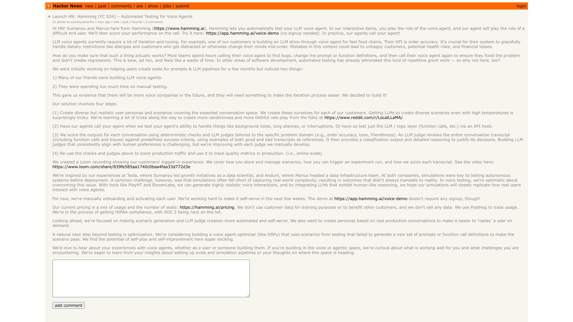 Screenshot of this Hacker News post: Launch HN: Hamming (YC S24) – Automated Testing for Voice Agents