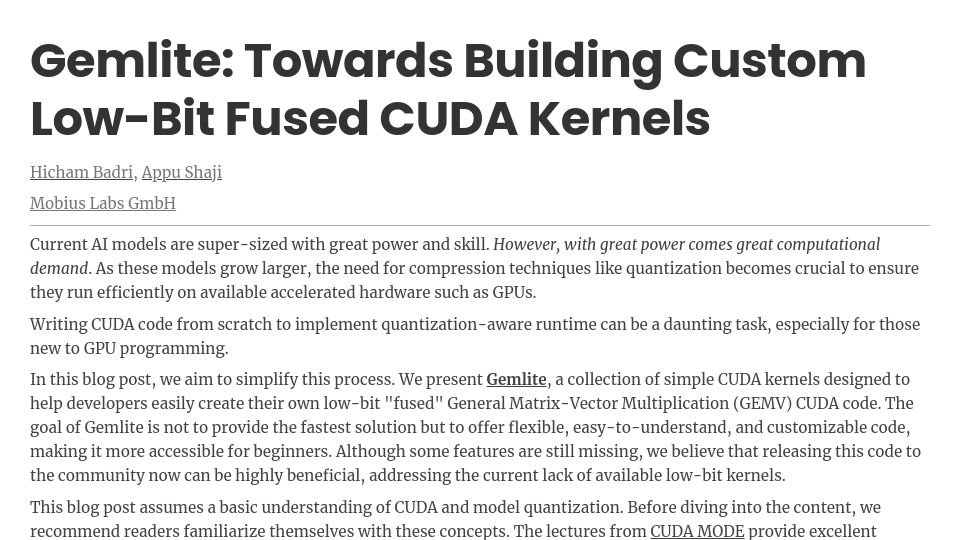 Screenshot of mobiusml.github.io: Gemlite: Towards Building Custom Low-Bit Fused CUDA Kernels
