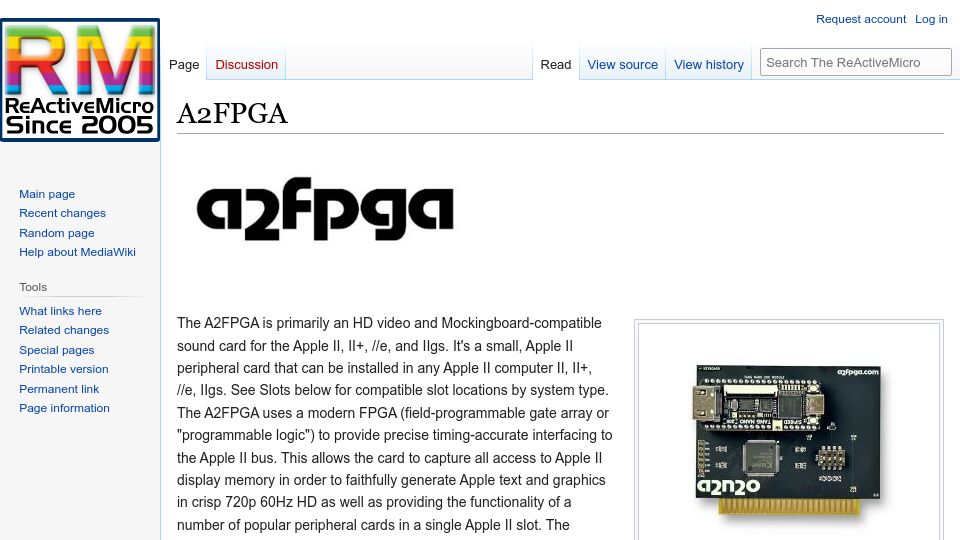 Screenshot of wiki.reactivemicro.com: Open Source FPGA Expansion Card for the Apple II