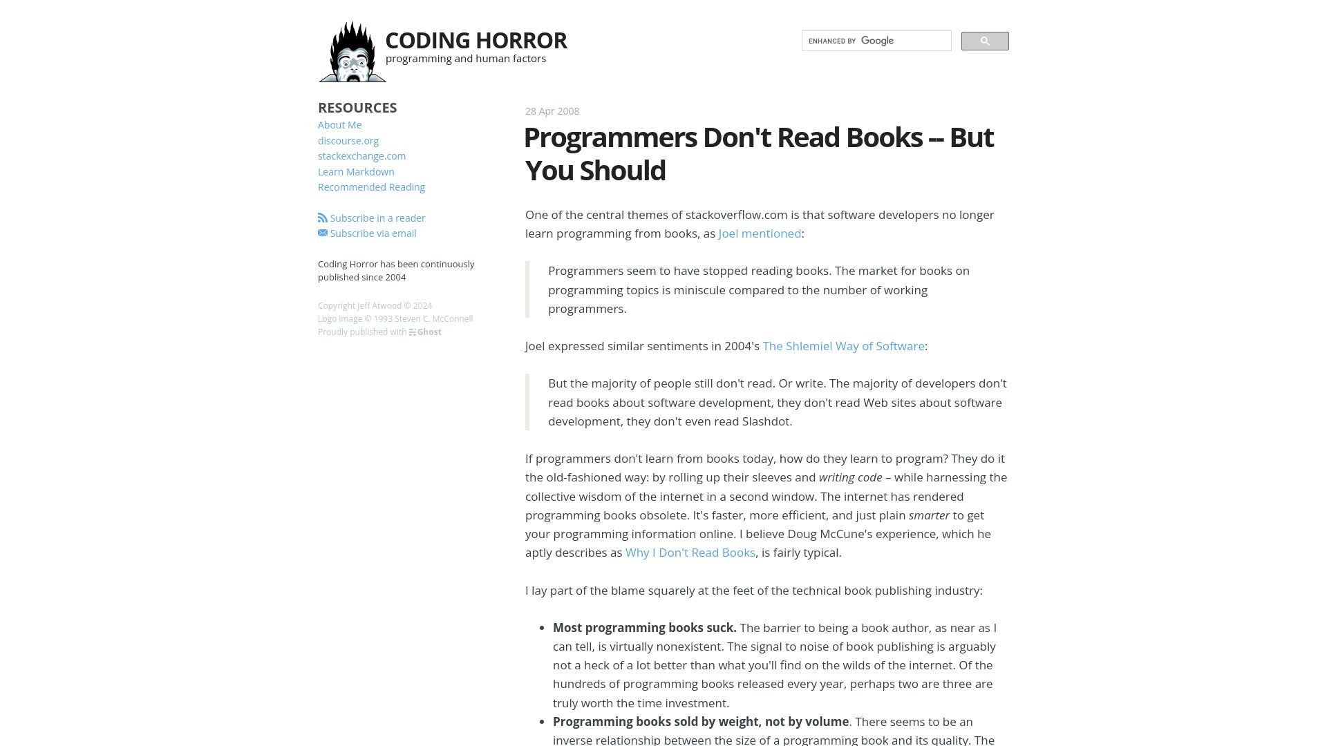 Screenshot of blog.codinghorror.com: Programmers Don't Read Books – But You Should (2008)