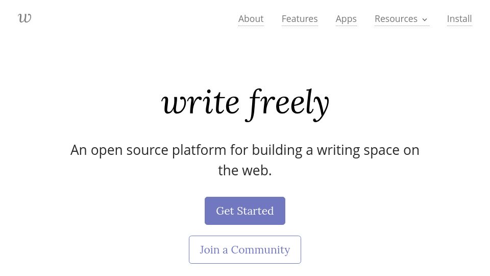 Screenshot of writefreely.org: WriteFreely: An open source platform for building a writing space on the web
