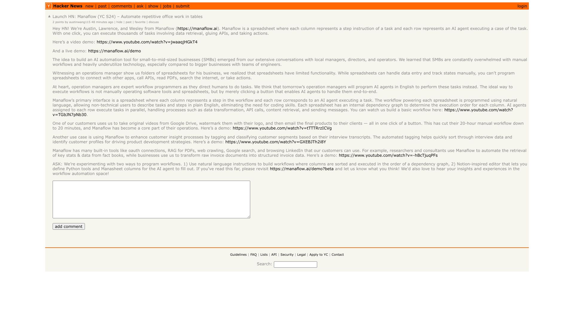 Screenshot of this Hacker News post: Launch HN: Manaflow (YC S24) – Automate repetitive office work in tables