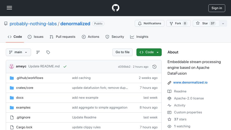 Screenshot of github.com: Show HN: Denormalized – Embeddable Stream Processing in Rust and DataFusion