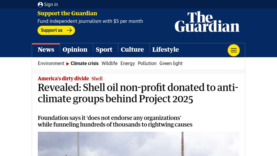 Screenshot of theguardian.com: Shell oil non-profit donated to anti-climate groups behind Project 2025
