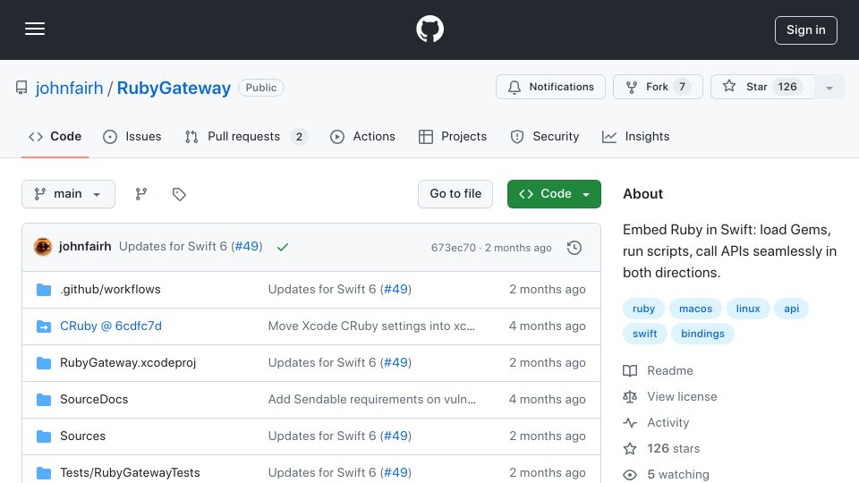 Screenshot of github.com: RubyGateway: Embed Ruby in Swift