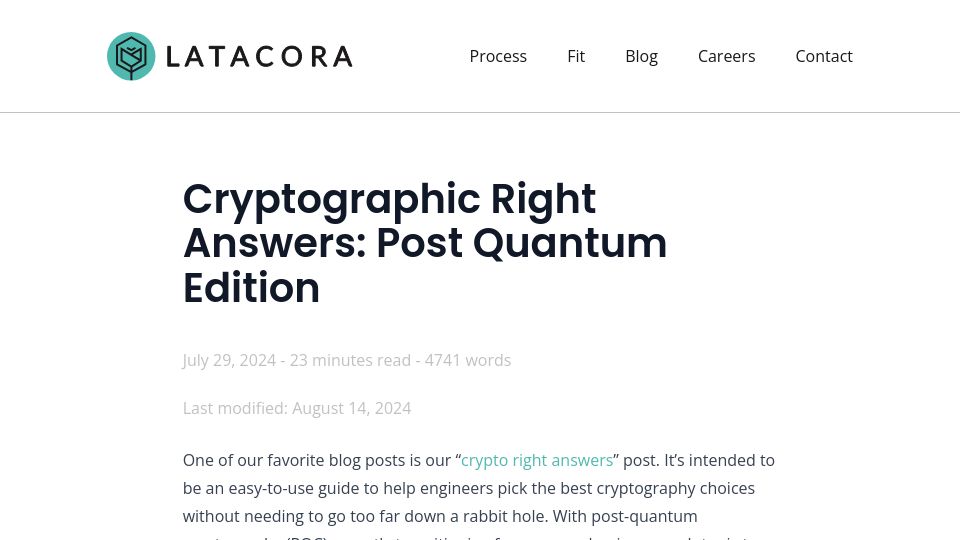 Screenshot of latacora.com: Cryptographic Right Answers: Post Quantum Edition