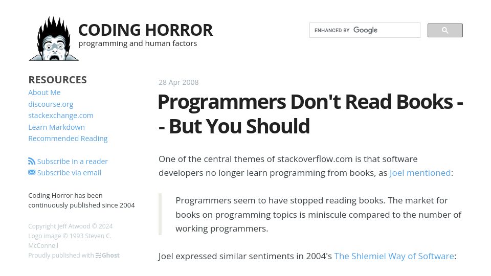 Screenshot of blog.codinghorror.com: Programmers Don't Read Books – But You Should (2008)