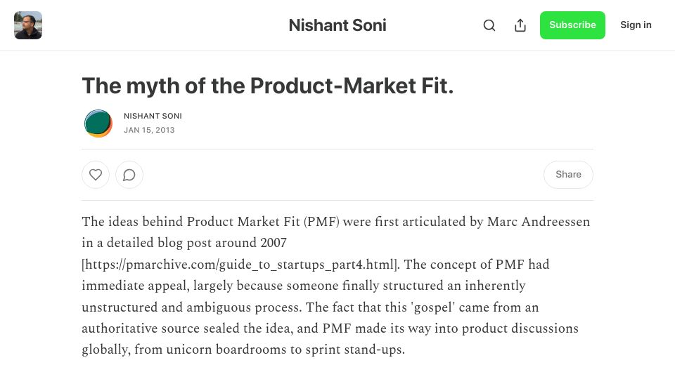 Screenshot of blog.nishantsoni.com: The Myth of the Product-Market Fit (2013)