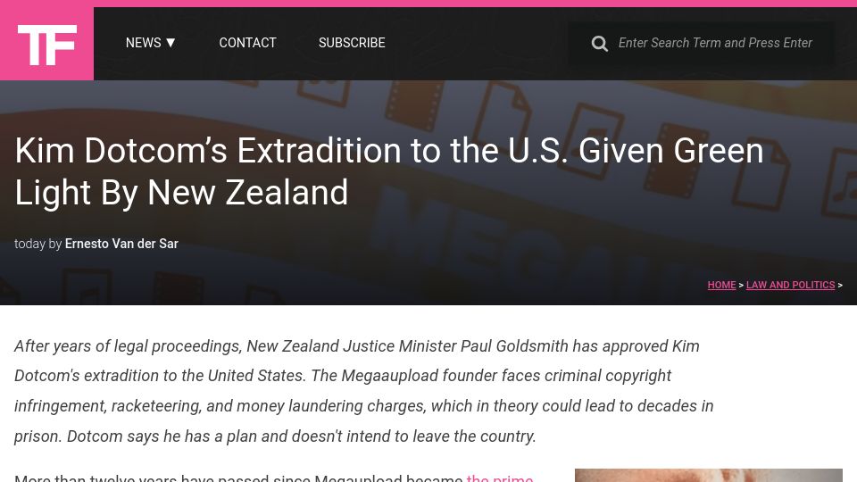 Screenshot of torrentfreak.com: Kim Dotcom's extradition to the U.S. given green light by New Zealand