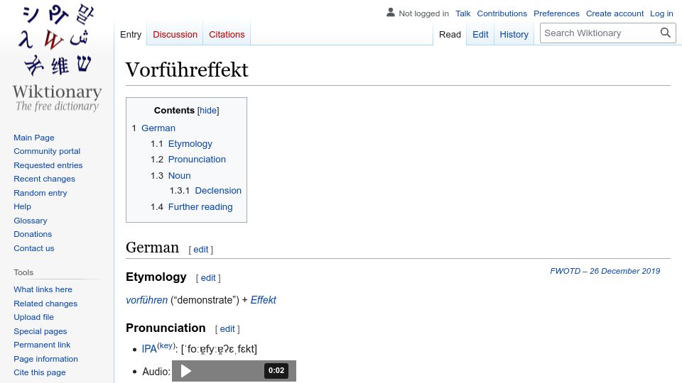 Screenshot of en.wiktionary.org: When something that was working, suddenly doesn't work when demoing to others
