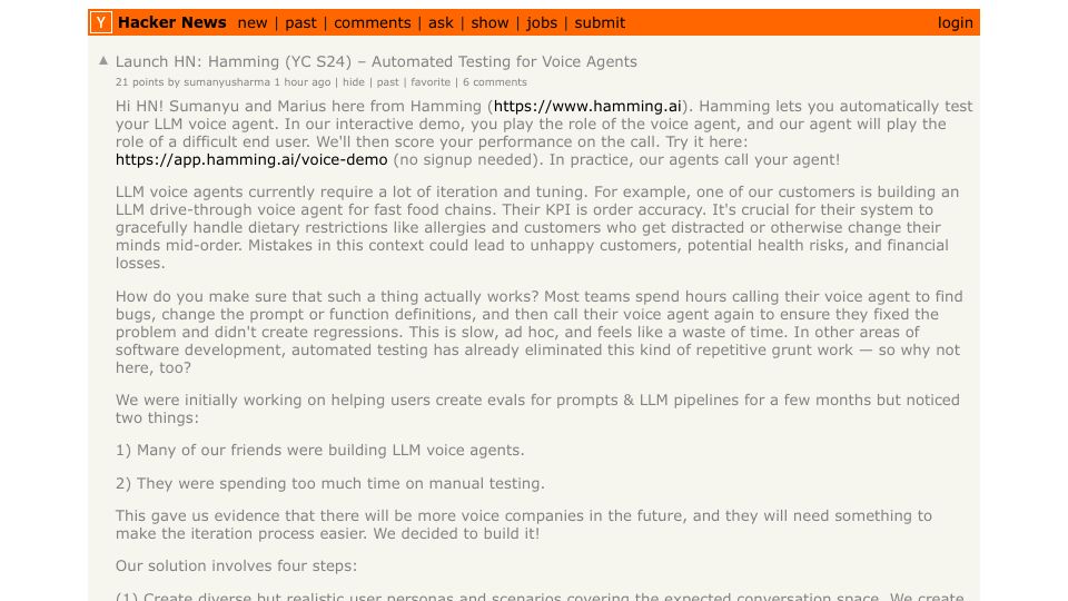 Screenshot of Hacker News post: Launch HN: Hamming (YC S24) – Automated Testing for Voice Agents