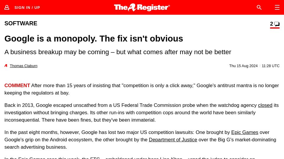 Screenshot of theregister.com: Google is a monopoly – the fix isn't obvious