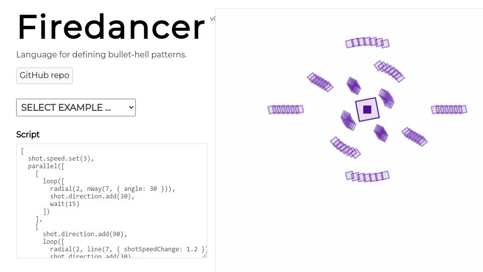 Screenshot of firedancer-lang.com: Firedancer: Language for 2D shmups bullet-hell patterns