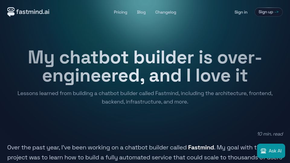 Screenshot of fastmind.ai: My chatbot builder is over-engineered and I love it