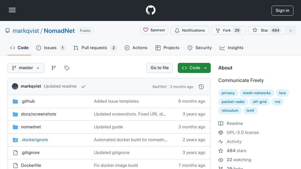 Screenshot of github.com: Nomad, communicate off-grid mesh, forward secrecy and extreme privacy