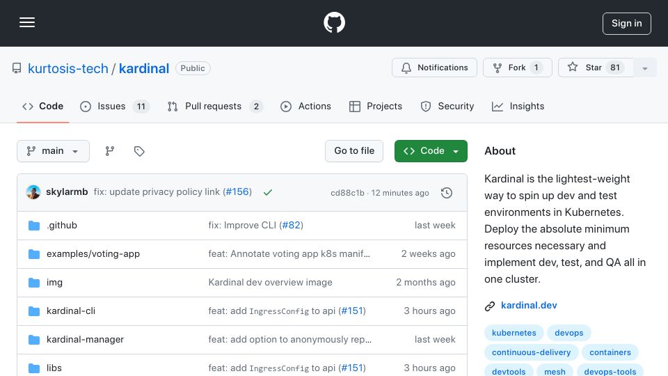 Screenshot of github.com: Show HN: Kardinal–The lightest-weight Kubernetes dev environment in the world
