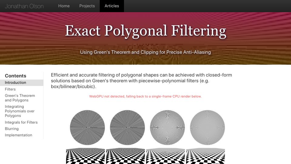 Screenshot of jonathanolson.net: Exact Polygonal Filtering: Using Green's Theorem and Clipping for Anti-Aliasing