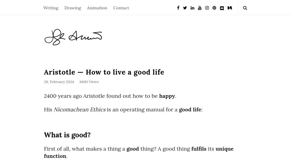 Screenshot of ralphammer.com: Aristotle – How to live a good life