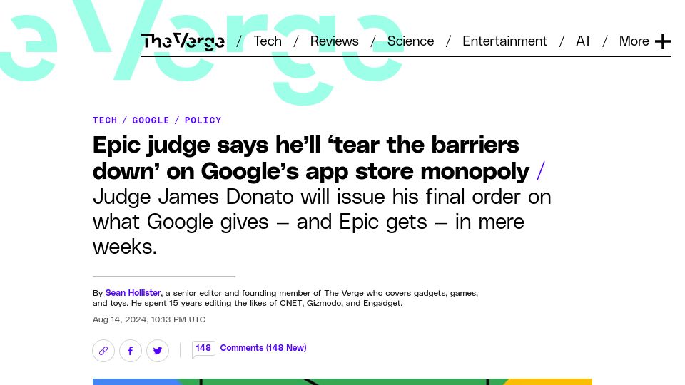 Screenshot of theverge.com: Epic vs. Google judge says he'll 'tear the barriers down' on Google's app store